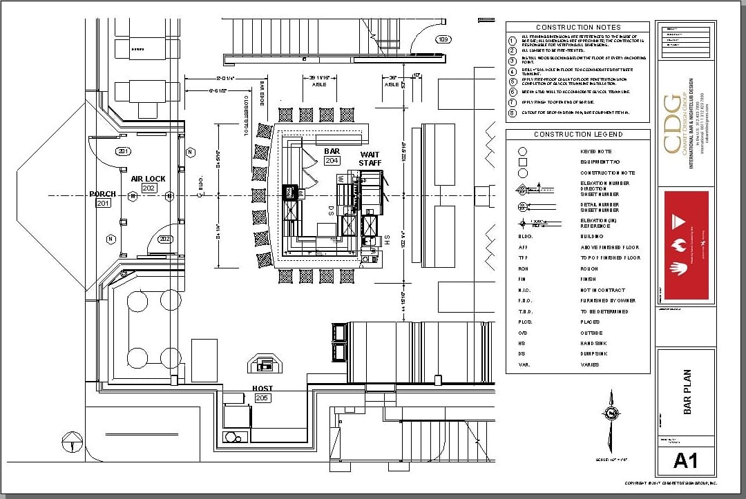 Architectural plan for a bar at a pizza restaurant