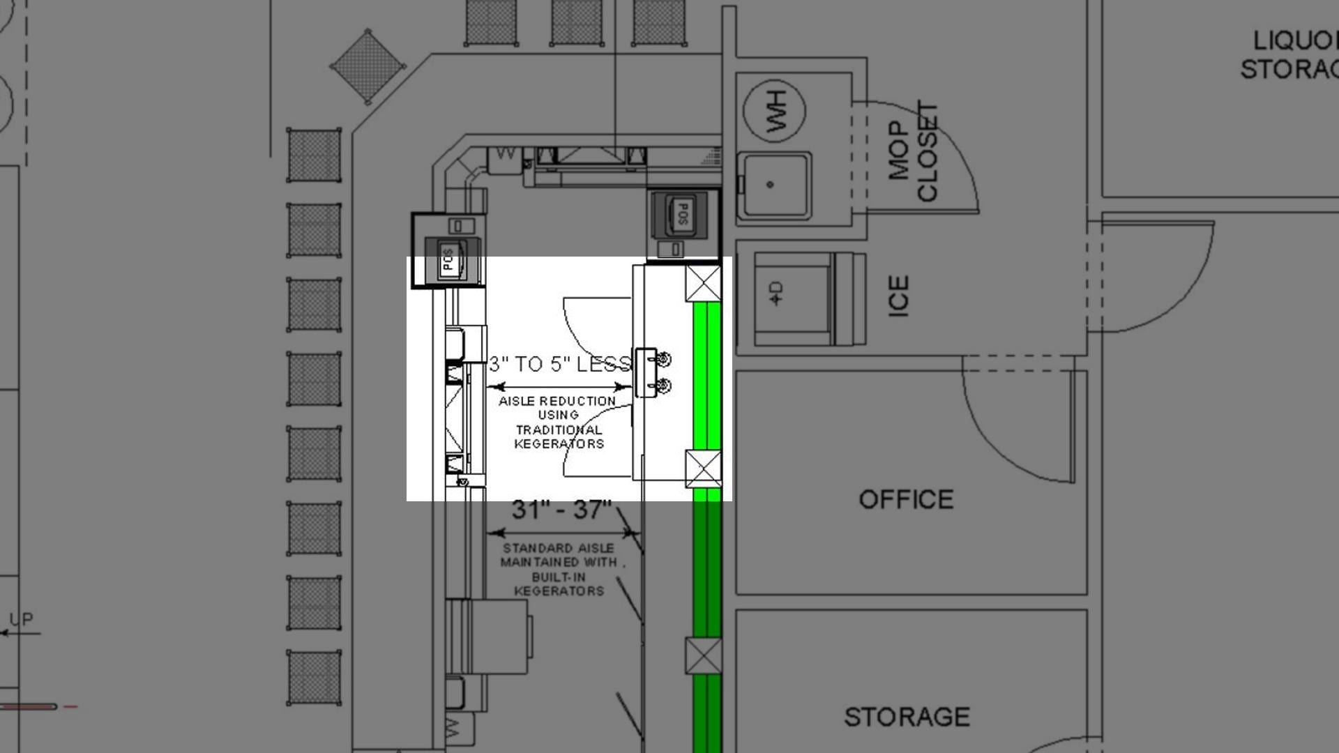 Architectural drawing of bartender aisle reduction by a traditional kegerator