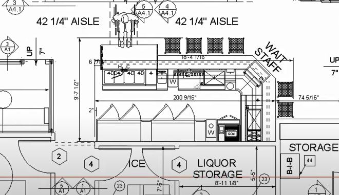 Architectural drawing of L-shaped bar with ADA accommodation