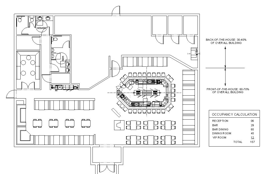 Architectural drawing of restaurant / sports bar with an occupancy of 157