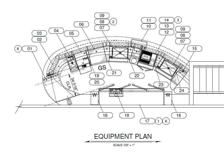 Architectural drawing of bar equipment for a curved bar