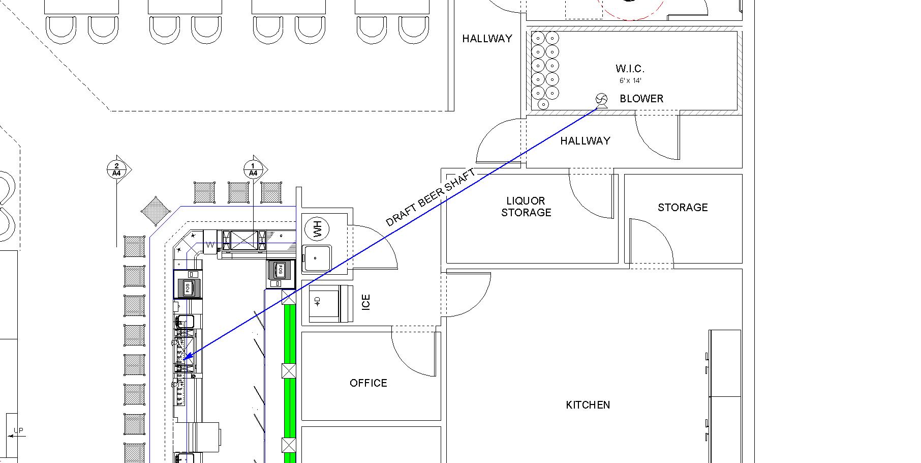 Architectural plan of air cooled draft system in a sports bar