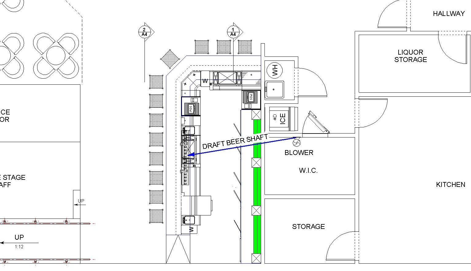 Architectural plan of air cooled draft system with nearby walk-in cooler