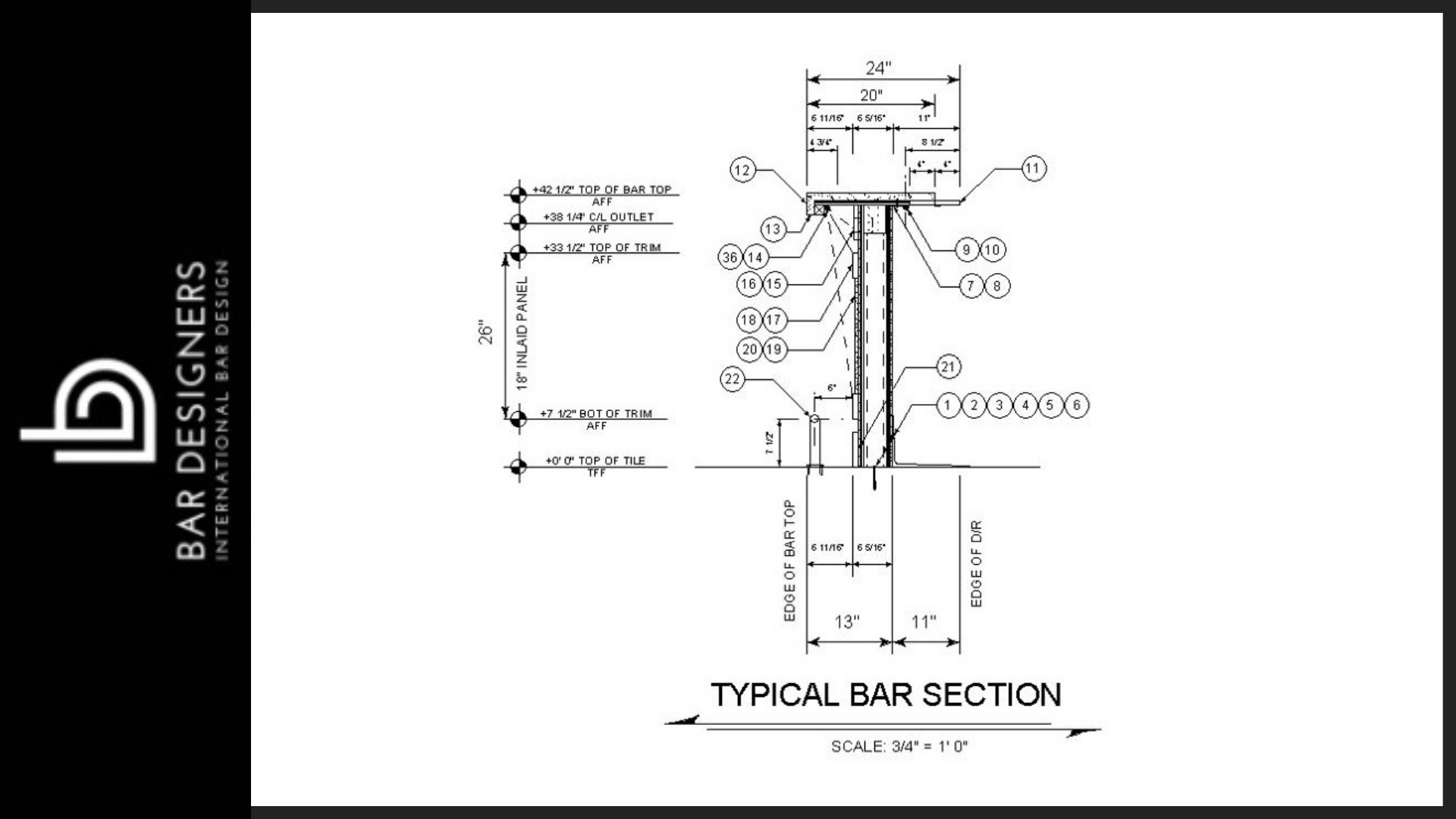 Architectural drawing of commercial bar  die using metal studs as framing members