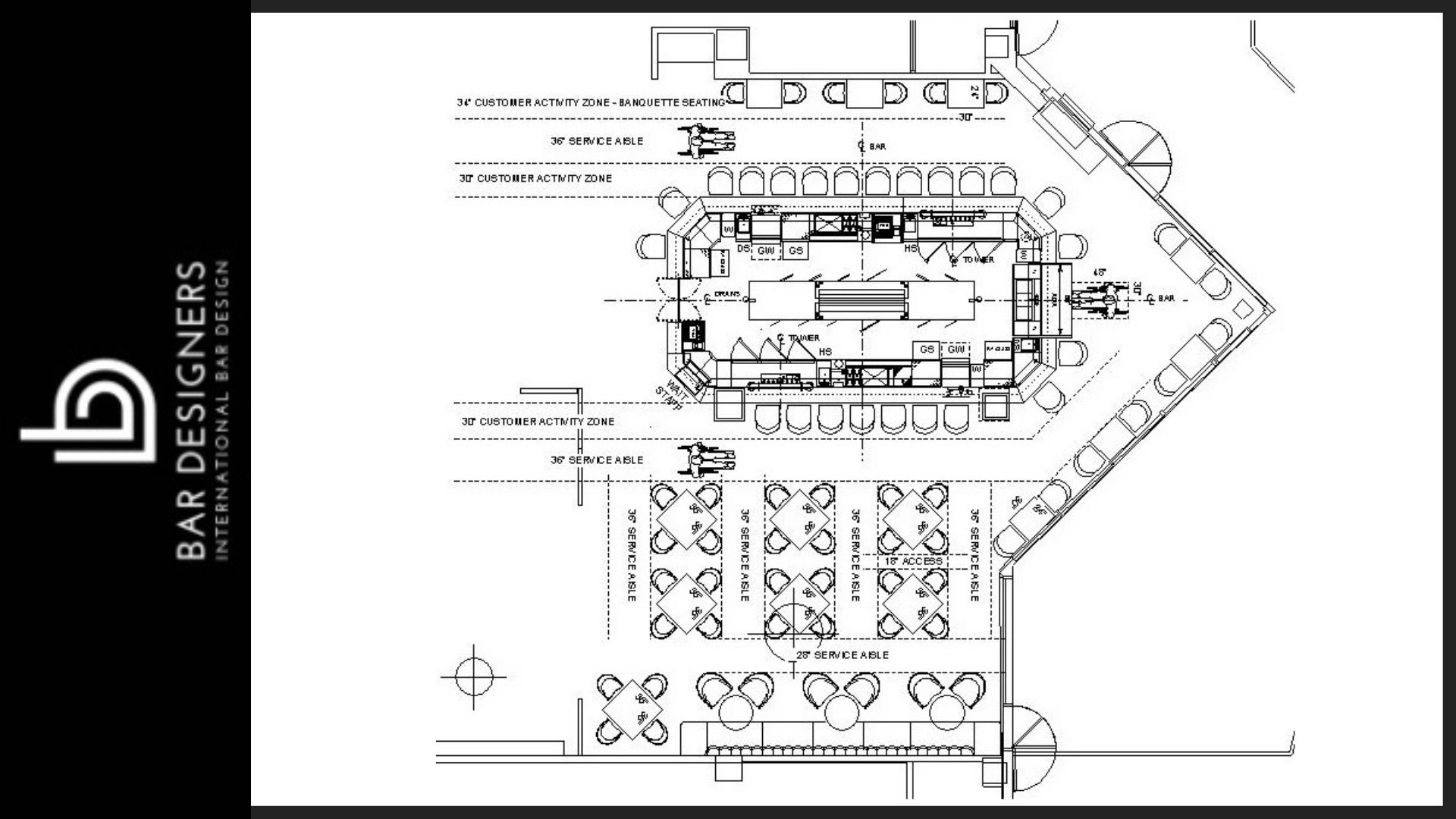 Architectural plan of island bar and restaurant seating clearances