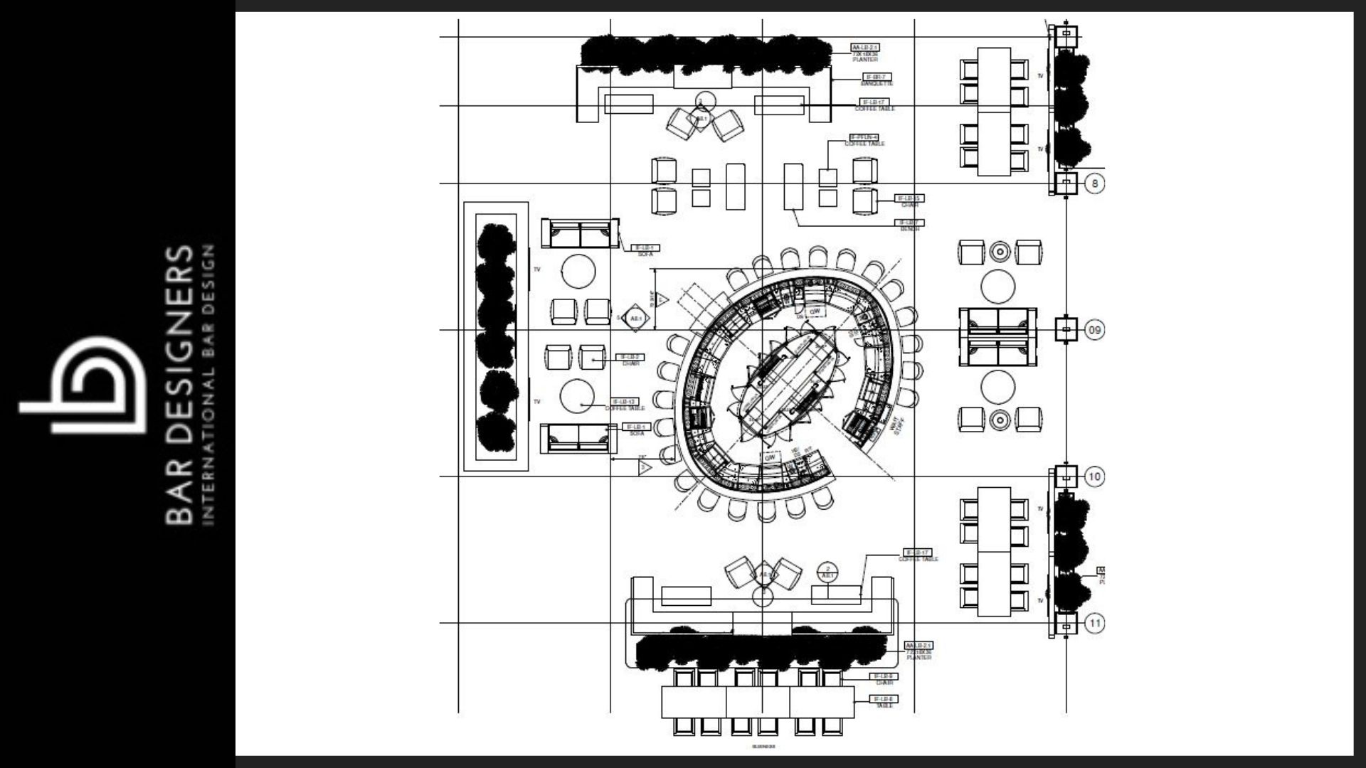 Architectural plan of elliptical island bar