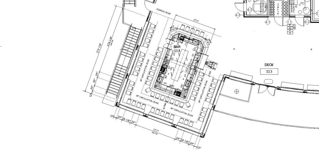 Architectural drawing of an island bar layout including clearance dimensions