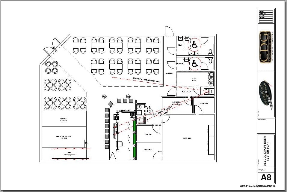 Architectural plan depicting how the glycol trunklines connect from the power pack to each draft beer tower