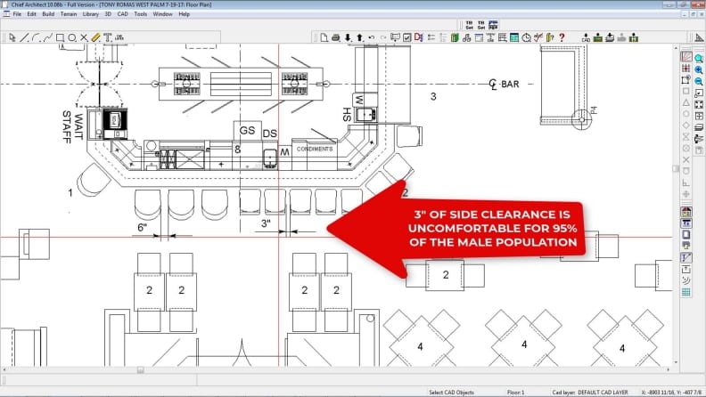 Architectural drawing depicting narrow bar stool spacing