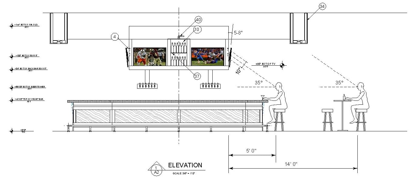 Architectural drawing showing the relationship between bar patrons, TV's and viewing angle
