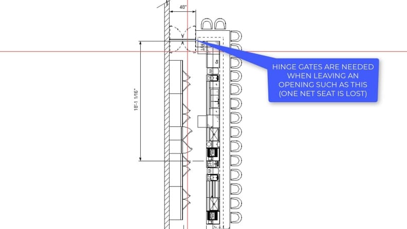 Architectural drawing of L shaped bar with hinged gates