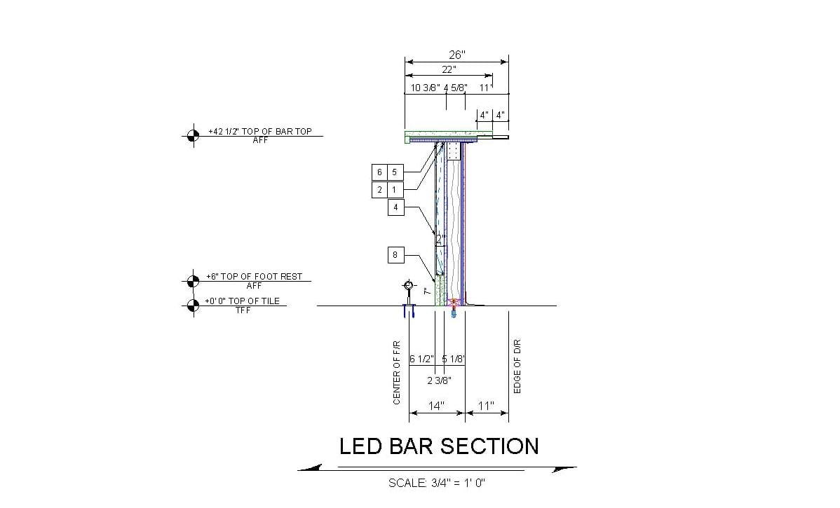 Architectural bar section view for backlit bar design