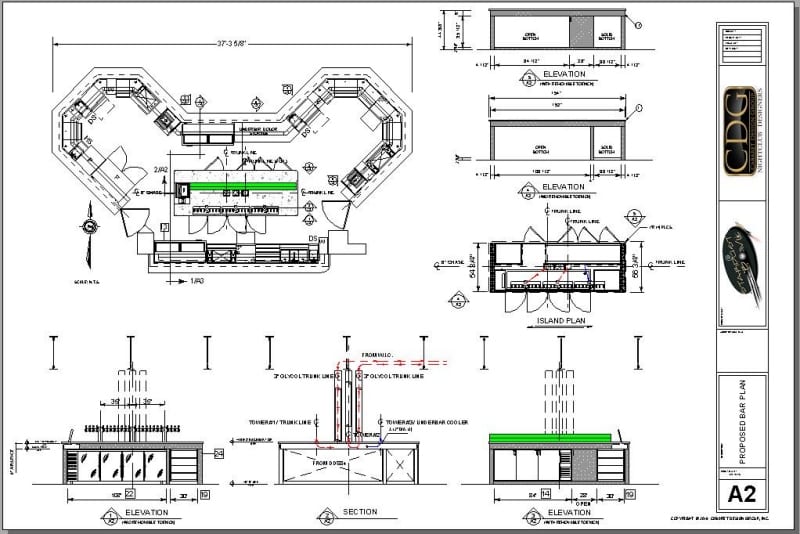 Architectural plan of redesigned large island bar with back bar