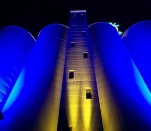 Photo of building exterior wall washed with LED lighting