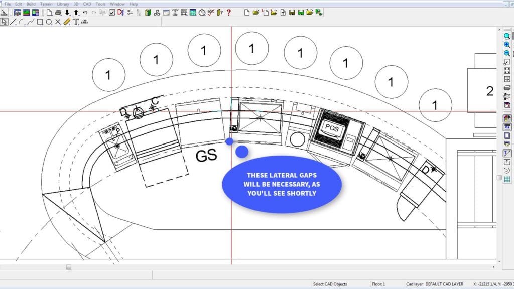 Architectural drawing of curved bar with gaps for filler boards