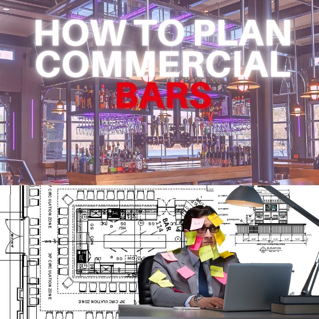 Interior of a commercial bar with island bar and overhead bottle storage, used as the thumbnail for planning commercial bar layouts.