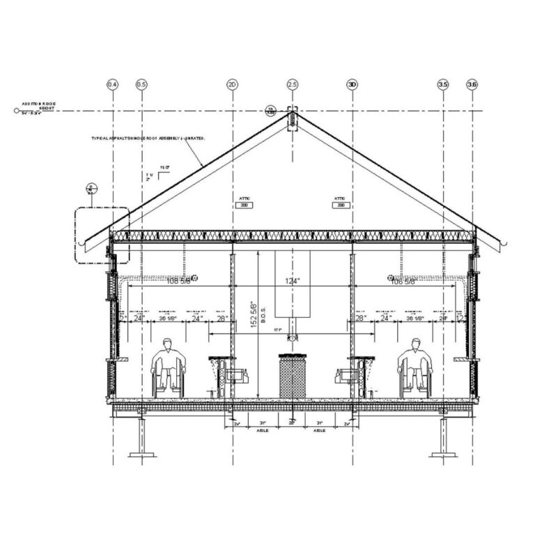 A full-room section view of a large room and large island bar