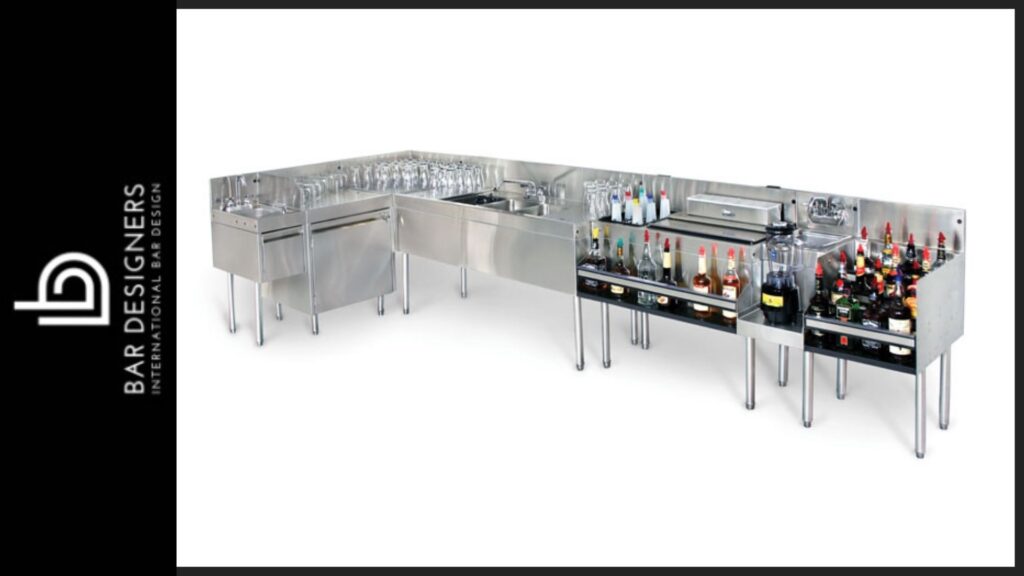 L shaped bar featuring bartender station equipment with 3 compartment sink