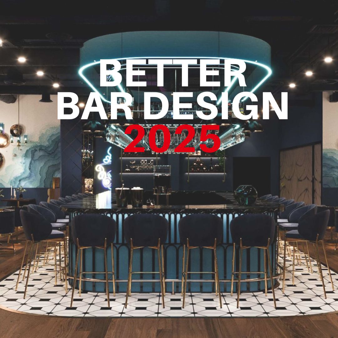 Modern upscale bar interior with illuminated circular ceiling feature and navy blue seating, used as the thumbnail for a video on better bar design