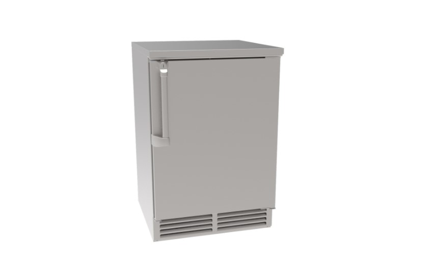 Stainless steel undercounter refrigerator with closed door.