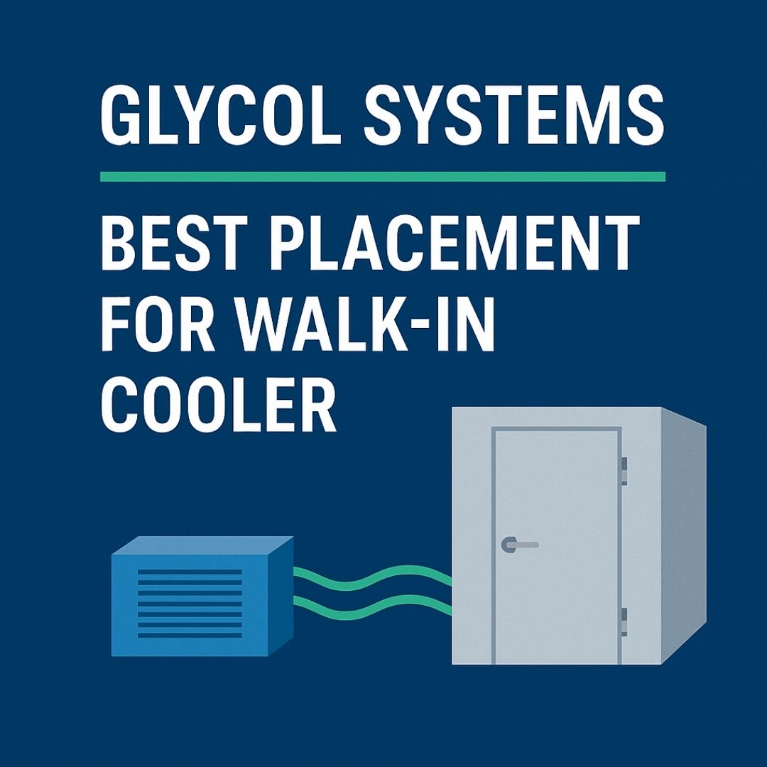 A square digital graphic titled “Glycol System Secrets: Bad Walk-In Placement Costs You Money,” featuring a walk-in cooler illustration, cold beer tap, and bold typography on a blue-toned background symbolizing temperature control and profitability.
