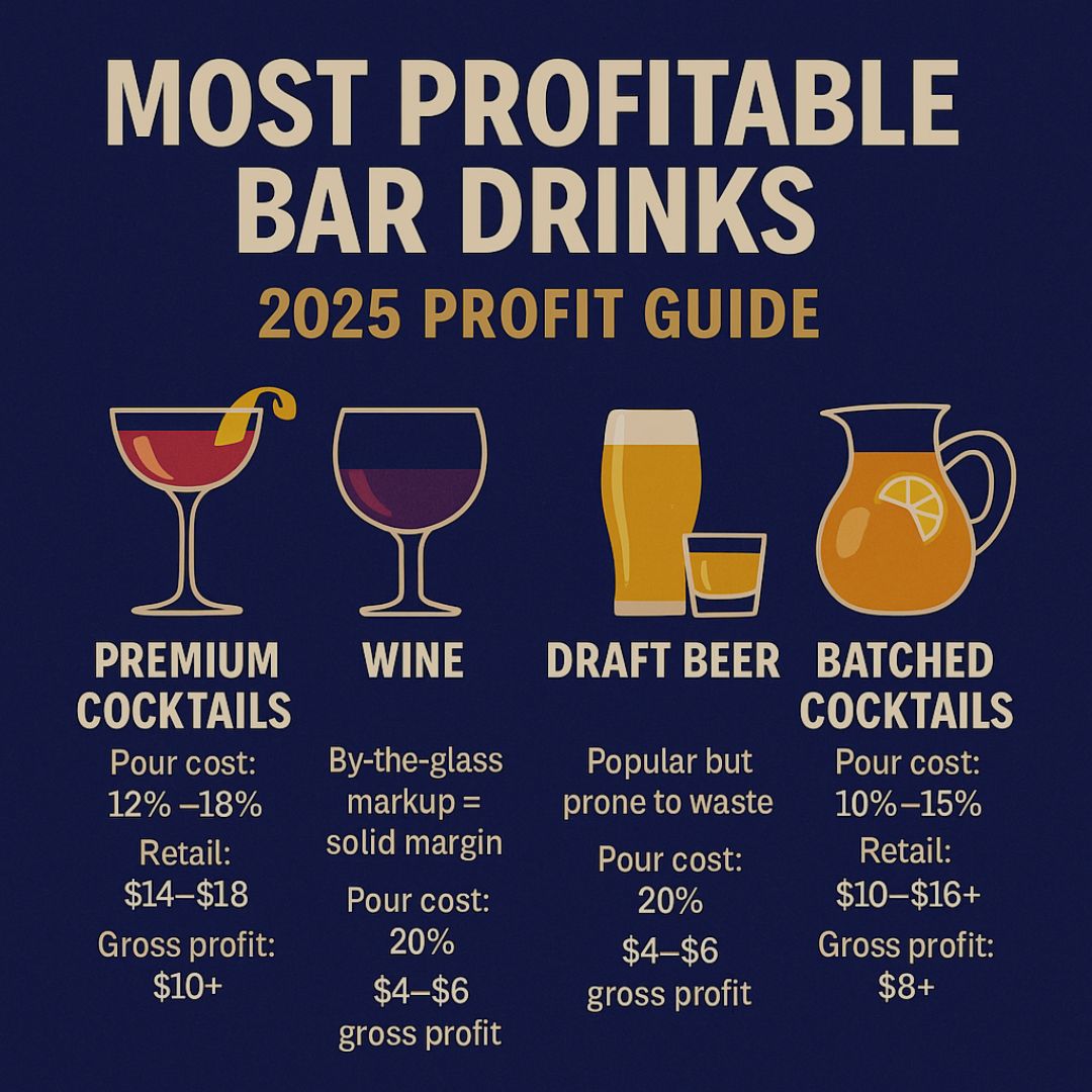 Infographic titled “Most Profitable Bar Drinks – 2025 Profit Guide,” featuring five illustrated categories: Premium Cocktails, Wine, Draft Beer, Top-Shelf Shots, and Batched Cocktails. Each drink type includes visual icons and supporting text that highlights pour costs, retail pricing, and profit margins. Set on a dark background with bold cream and gold typography, designed for bar owners and operators.
