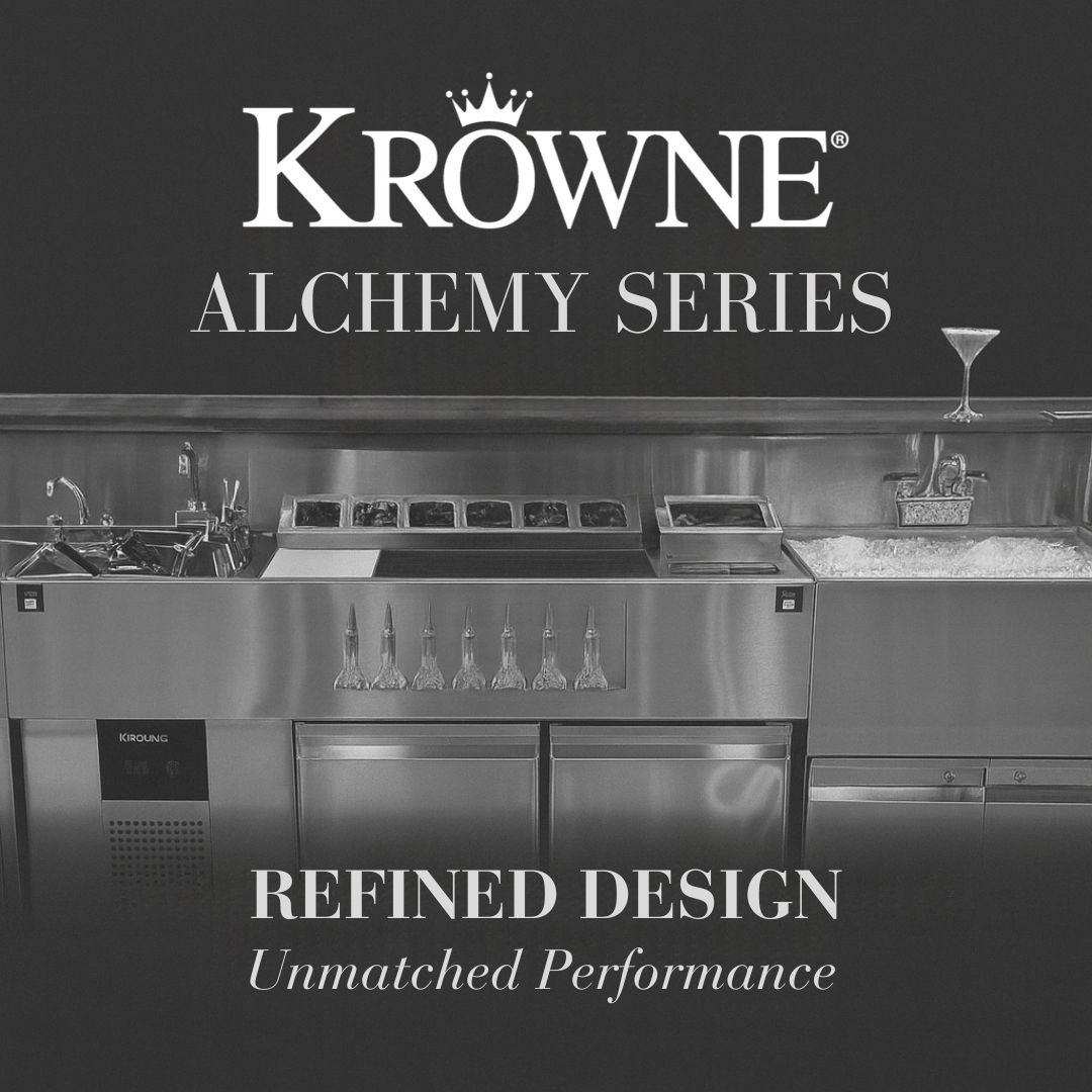 Krowne Alchemy Series underbar station with stainless steel design, featuring tagline ‘Refined Design, Unmatched Performance’ on a dark background.
