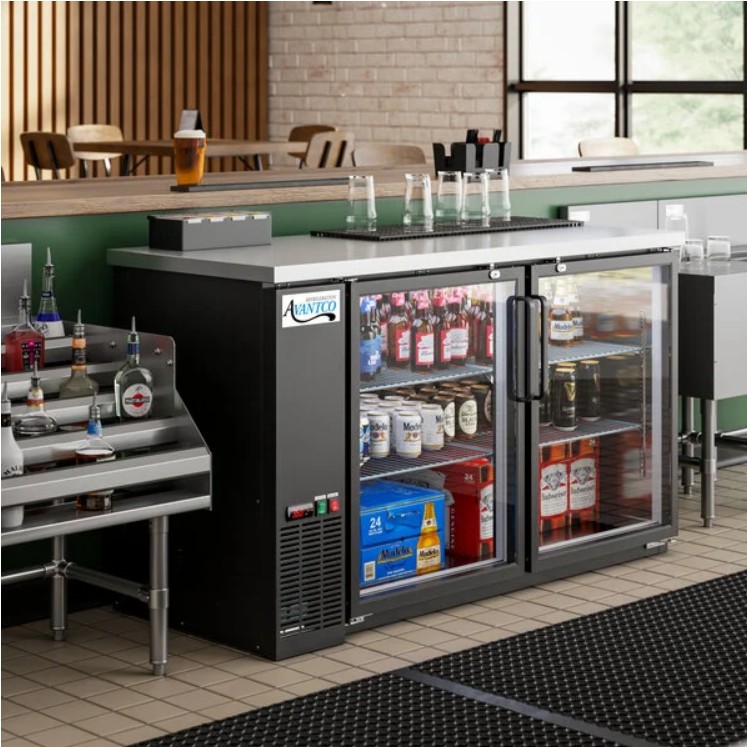 Avantco 60-inch back bar cooler with two hinged glass doors, fully stocked with beverages, installed in a professional bar setting.