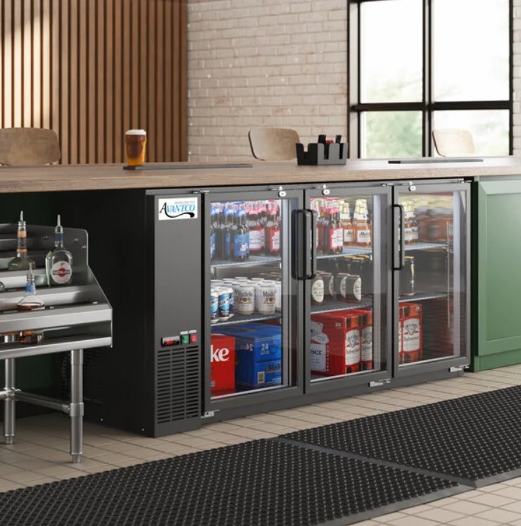 Avantco 72-inch back bar cooler with three glass hinged doors, designed for high-capacity storage in a busy commercial bar.