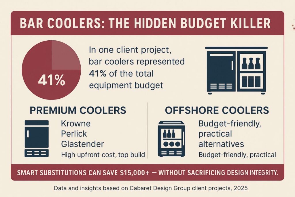 Infographic titled ‘Bar Coolers: The Hidden Budget Buster’ showing that bar coolers can account for up to 40% of equipment costs. Highlights three key points: premium brands cost more but last longer, budget brands cut upfront costs but may sacrifice durability, and smart choices can save $15,000 or more on a single project.
