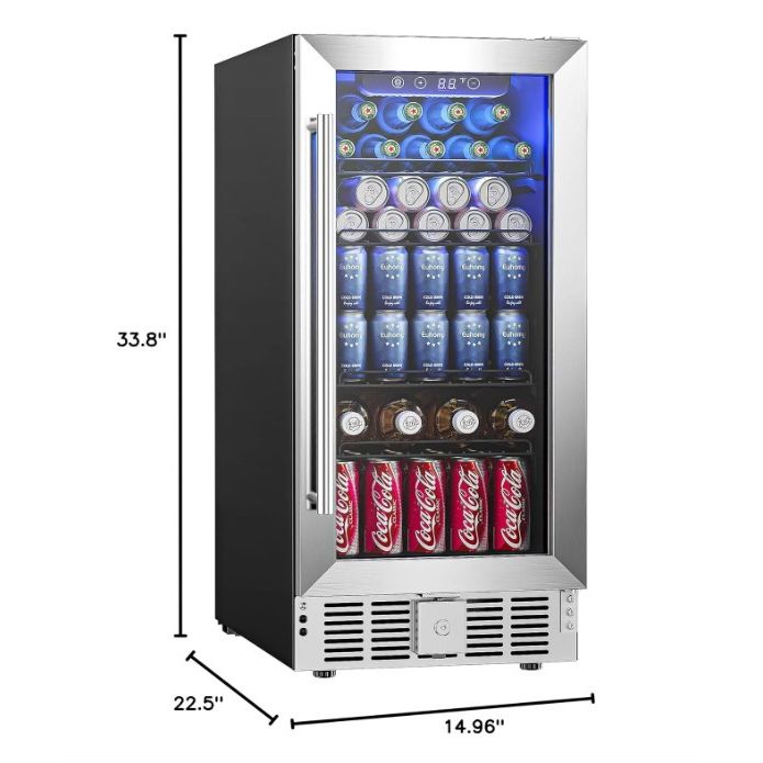 Euhomy 15-inch bar cooler with glass hinged door and stainless trim, compact beverage refrigerator.