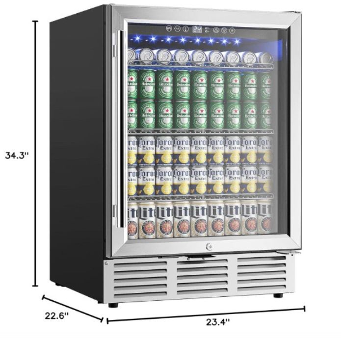 Euhomy 24-inch bar cooler with stainless steel frame and glass hinged door, compact back bar refrigerator.